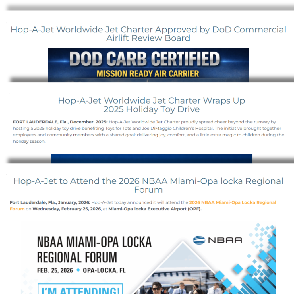 Recent Hop-A-Jet Worldwide Jet Charter press release headlines including DoD CARB certification, 2025 Holiday Toy Drive, and 2026 NBAA Miami-Opa Locka Regional Forum announcement.